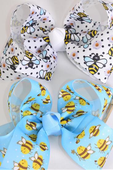Hair Bow Jumbo Flower w Cute Honey Bees Mix Grosgrain Bow-tie / 12 pcs Bow = Dozen Alligator Clip , Size - 6" x 5" Wide , 6 Of each Color Asst , Clip Strip and UPC Code