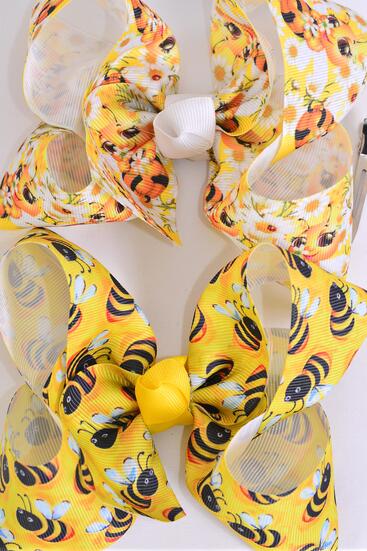 Hair Bow Jumbo Flower w Cute Honey Bees Mix Grosgrain Bow-tie / 12 pcs Bow = Dozen Alligator Clip , Size - 6" x 5" Wide , 6 Of each Pattern Asst , Clip Strip and UPC Code