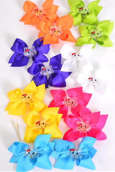 Hair Bow 24 pcs Cute Kitty Charm Multi Grosgrain Bow-tie / 12 pair Bow = Dozen Alligator Clip , Size - 3.5" x 3" Wide , 2 White, 2 Fuchsia , 2 Purple , 2 Yellow , 2 Blue , 1 Lime , 1 Orange Color Asst , Clip Strip & UPC Code