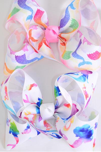 Hair Bow Jumbo Mermaid Under The Sea Grosgrain Bow-tie / 12 pcs Bow = Dozen  Alligator Clip , Size - 6" x 5" Wide , 6 Of Each Pattern Asst , Clip Strip & UPC Code
