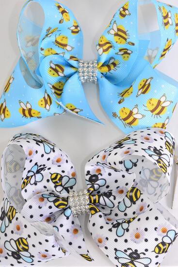 Hair Bow Jumbo Cute Honey Bees Mix Grosgrain Bow-tie / 12 pcs Bow = Dozen Alligator Clip , Size - 6" x 5" Wide , 6 Of each Pattern Asst , Clip Strip and UPC Code