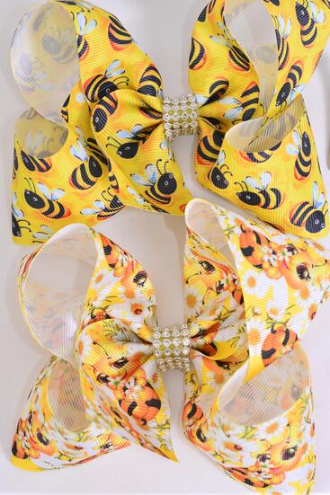 Hair Bow Jumbo Cute Honey Bees Mix Grosgrain Bow-tie / 12 pcs Bow = Dozen Alligator Clip , Size - 6" x 5" Wide , 6 Of each Pattern Asst , Clip Strip and UPC Code