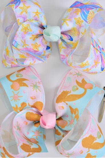Hair Bow Jumbo Mermaid w Mermaid Tail Seashell Under The Sea Grosgrain Bow-tie / 12 pcs Bow = Dozen Alligator Clip , Size - 6 " x 5" Wide , 6 Of Each Pattern Asst , Clip Strip & UPC Code