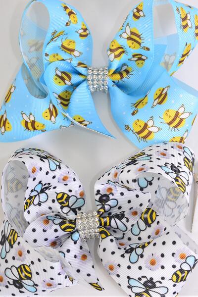 Hair Bow Jumbo Cute Honey Bees Mix Grosgrain Bow-tie / 12 pcs Bow = Dozen Alligator Clip , Size - 6" x 5" Wide , 6 Of each Pattern Asst , Clip Strip and UPC Code
