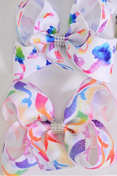 Hair Bow Jumbo Mermaid Under The Sea Grosgrain Bow-tie / 12 pcs Bow = Dozen  Alligator Clip , Size - 6" x 5" Wide , 6 Of Each Pattern Asst , Clip Strip & UPC Code