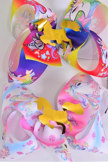 Hair Bow Jumbo Anime Cartoon Unicorn Gradient Grosgrain Bow-tie / 12 pcs Bow = Dozen Unicorn , Alligator Clip , Size - 6" x 5"Wide , 6 Of each Pattern Asst , Clip Strip & UPC Code