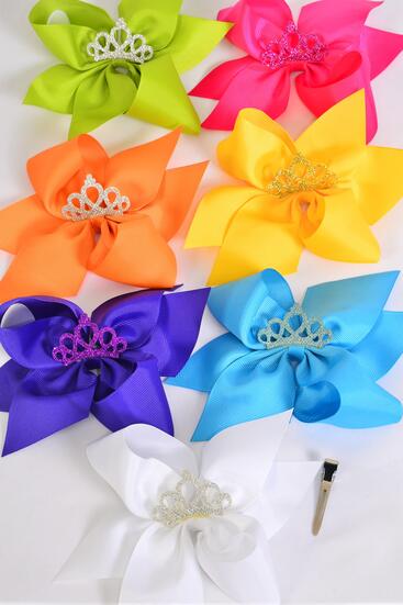 Hair Bow Jumbo Center Tiara Charm Citrus Grosgrain Bow-tie / 12 pcs Bow = Dozen Alligator Clip , Size - 6" x 5" Wide , 2 Fuchsia , 2 Blue , 2 Yellow , 2 Purple , 2 White , 1 Lime , 1 Orange Color Mix , Clip Strip & UPC Code