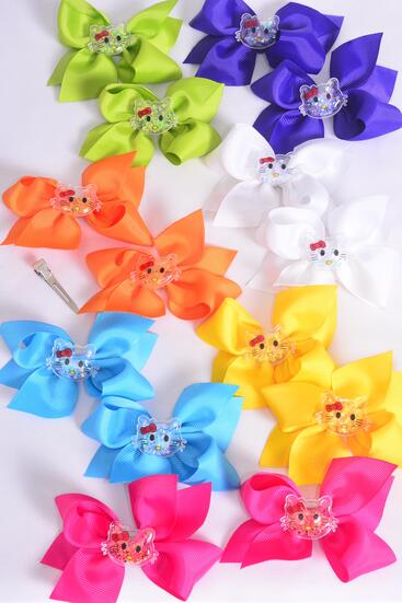 Hair Bow 24 pcs Cute Kitty Charm Multi Grosgrain Bow-tie / 12 pair Bow = Dozen Alligator Clip , Size - 3.5" x 3" Wide , 2 White , 2 Fuchsia , 2 Purple , 2 Yellow , 2 Blue , 1 Lime , 1 Orange Color Asst , Clip Strip & UPC Code