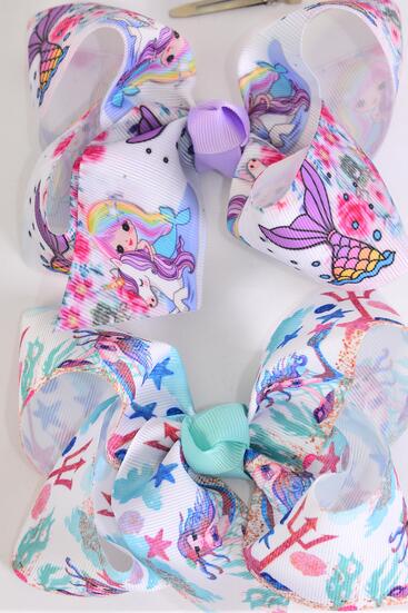 Hair Bow Jumbo Mermaid Grosgrain Bow-tie Pastel / 12 pcs Bow = Dozen Alligator Clip , Size - 6" x 5" Wide , 6 Of each Pattern Asst , Clip Strip & UPC Code