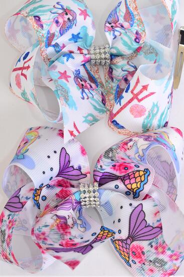 Hair Bow Jumbo Mermaid w Coral Reef Grosgrain Bow-tie Pastel / 12 pcs Bow = Dozen Alligator Clip , Size - 6" x 5" Wide , 6 Of each Pattern Asst , Clip Strip & UPC Code