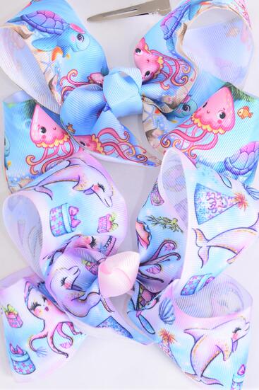 Hair Bow Jumbo Happy Dolphin Turtle Octopus Mix Grosgrain Bow-tie / 12 pcs Bow = Dozen Alligator Clip , Size - 6" x 5" Wide , 6 Of Each Pattern Asst , Clip Strip and UPC Code