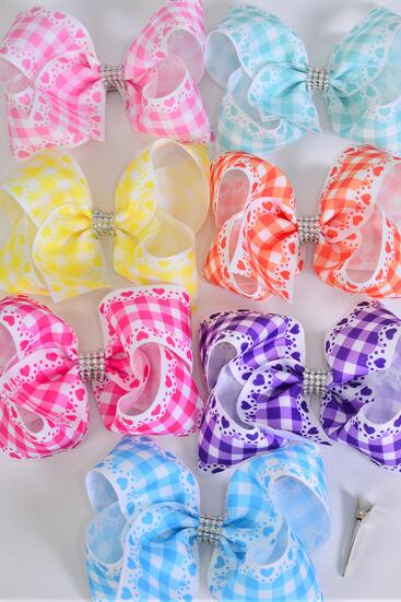 Hair Bow Jumbo Plaid Heart Pastel Grosgrain Bow-tie / 12 pcs Bow = Dozen  Alligator Clip , Size - 6" x 5", 2 Hot Pink , 2 Baby Pink , 2 Mint Green , 2 Purple , 2 Blue , 1 Yellow , 1 Orange Color Asst , Clip Strip & UPC Code