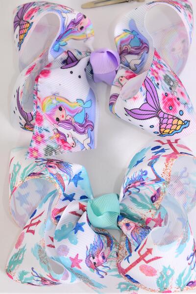 Hair Bow Jumbo Mermaid Grosgrain Bow-tie Pastel / 12 pcs Bow = Dozen Alligator Clip , Size - 6" x 5" Wide , 6 Of each Pattern Asst , Clip Strip & UPC Code
