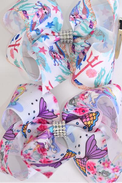 Hair Bow Jumbo Mermaid w Coral Reef Grosgrain Bow-tie Pastel / 12 pcs Bow = Dozen Alligator Clip , Size - 6" x 5" Wide , 6 Of each Pattern Asst , Clip Strip & UPC Code