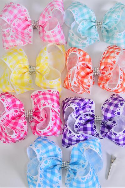 Hair Bow Jumbo Plaid Heart Pastel Grosgrain Bow-tie / 12 pcs Bow = Dozen  Alligator Clip , Size - 6" x 5", 2 Hot Pink , 2 Baby Pink , 2 Mint Green , 2 Purple , 2 Blue , 1 Yellow , 1 Orange Color Asst , Clip Strip & UPC Code