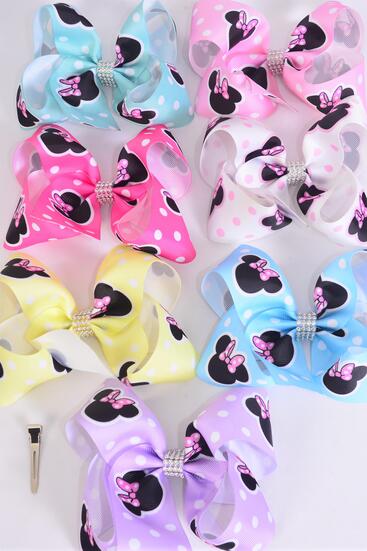 Hair Bow Jumbo Polka dot Mouse Ear Pastel Grosgrain Bow-tie / 12 pcs Bow = Dozen Alligator Clip , Size - 6" x 5" , 2 White , 2 Baby Pink , 2 Lavender , 2 Hot Pink , 2 Mint Green ,1 Blue, 1 Yellow Color Asst , Clip Strip & UPC Code