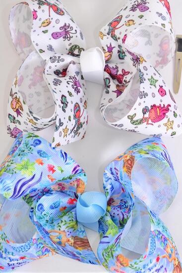 Hair Bow Jumbo Mermaid Under The Sea Grosgrain Bow-tie / 12 pcs Bow = Dozen  Alligator Clip , Bow - 6" x 5" Wide , 6 of each Pattern Asst , Clip Strip & UPC Code
