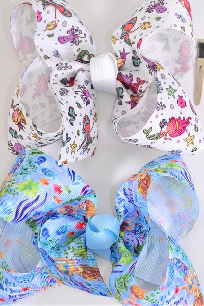 Hair Bow Jumbo Mermaid Under The Sea Grosgrain Bow-tie / 12 pcs Bow = Dozen  Alligator Clip , Bow - 6" x 5" Wide , 6 of each Pattern Asst , Clip Strip & UPC Code