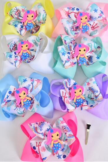 Hair Bow Jumbo Double Layered Mermaid Charm Grosgrain Bow-tie Pastel / 12 pcs Bow = Dozen Alligator Clip , Size - 6" x 5" , 2 White , 2 Pink , 1 Blue , 1 Yellow , 2 Lavender , 2 Hot Pink , 2 Mint Green Color Asst , Clip Strip & UPC Code