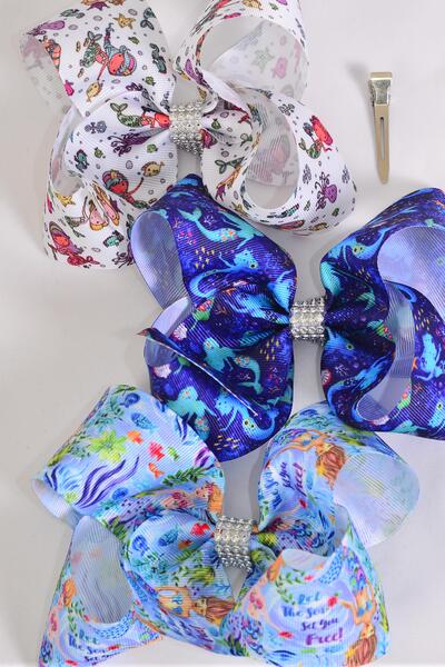 Hair Bow Jumbo Mermaid Under The Sea Grosgrain Bow-tie / 12 pcs Bow = Dozen  Mermaid , Alligator Clip , Bow - 6" x 5" Wide , 4 of each Pattern Asst , Clip Strip & UPC Code