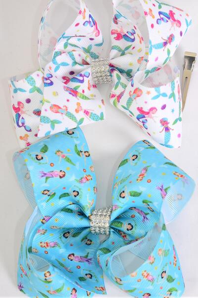 Hair Bow Jumbo Mermaid Under The Sea Grosgrain Bow-tie / 12 pcs Bow = Dozen  Alligator Clip , Bow - 6" x 5" Wide , 6 of each Pattern Asst , Clip Strip & UPC Code