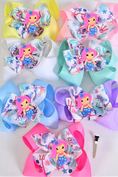 Hair Bow Jumbo Double Layered Mermaid Charm Grosgrain Bow-tie Pastel / 12 pcs Bow = Dozen Alligator Clip , Size - 6" x 5" , 2 White , 2 Pink , 1 Blue , 1 Yellow , 2 Lavender , 2 Hot Pink , 2 Mint Green Color Asst , Clip Strip & UPC Code
