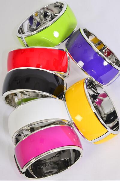 Bracelet Bangle Acrylic Hinge Enamel Silver Trim Multi / 12 pcs = Dozen Multi , Hinge , Size - 2.75" x 1.25" Dia Wide , 2 Black , 2 Red , 2 White , 2 Fuchsia , 2 Yellow , 1 Lime , 1 Purple Color Mix.