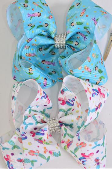 Hair Bow Jumbo Mermaid Under The Sea Grosgrain Bow-tie / 12 pcs Bow = Dozen  Alligator Clip , Bow - 6" x 5" Wide , 6 of each Pattern Asst , Clip Strip & UPC Code