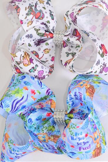 Hair Bow Jumbo Mermaid Under The Sea Grosgrain Bow-tie /  12 pcs Bow = Dozen  Alligator Clip , Bow - 6" x 5" Wide , 6 of each Pattern Asst , Clip Strip & UPC Code