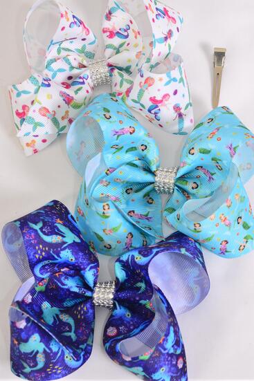 Hair Bow Jumbo Mermaid Under The Sea Grosgrain Bow-tie /  12 pcs Bow = Dozen  Mermaid , Alligator Clip , Bow - 6" x 5" Wide , 4 of each Pattern Asst , Clip Strip & UPC Code