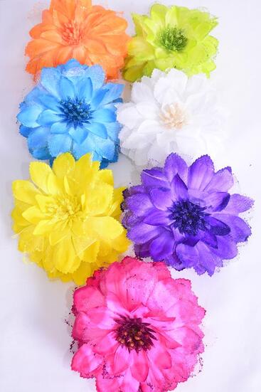 Flower Jaw Clip Chiffon Glitter Trim Multi / 12 pcs Jaw Clip Flower = Dozen   Flower Size - 5.5" Wide , 2 Fuchsia , 2 Yellow , 2 Purple , 2 Blue , 2 White , 1 Orange , 1 Lime Color Mix , Hang Tag & UPC Code , Clear Box