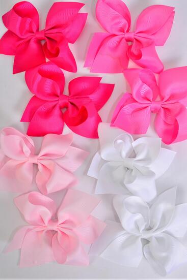 Hair Bow 24 pcs Pink Mix Grosgrain Bow-tie / 12 pcs Bow = Dozen Alligator Clip , Size - 3.5" x 3" Wide , 3 White , 3 Baby Pink , 3 Hot Pink , 3 Fuchsia Color Asst , Clip Strip & UPC Code