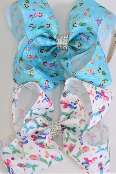 Hair Bow Jumbo Mermaid Under The Sea Grosgrain Bow-tie / 12 pcs Bow = Dozen  Alligator Clip , Bow - 6" x 5" Wide , 6 of each Pattern Asst , Clip Strip & UPC Code