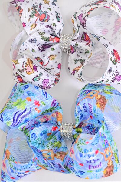 Hair Bow Jumbo Mermaid Under The Sea Grosgrain Bow-tie /  12 pcs Bow = Dozen  Alligator Clip , Bow - 6" x 5" Wide , 6 of each Pattern Asst , Clip Strip & UPC Code