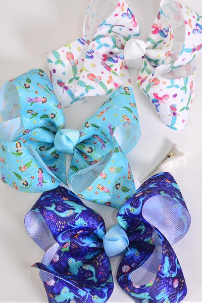 Hair Bow Jumbo Mermaid Under The Sea Grosgrain Bow-tie / 12 pcs Bow = Dozen  Alligator Clip , Bow - 6" x 5" Wide , 4 of each Pattern Asst , Clip Strip & UPC Code
