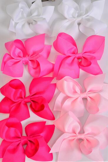 Hair Bow 24 pcs Pink Mix Grosgrain Bow-tie / 12 pcs Bow = Dozen Alligator Clip , Size - 3.5" x 3" Wide , 3 White , 3 Baby Pink , 3 Hot Pink , 3 Fuchsia Color Asst , Clip Strip & UPC Code