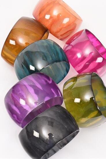Bracelet Bangle Acrylic Wide Stripe Transparent Multi / 12 pcs = Dozen Multi , Size - 2.75" x 1.75" Dia Wide , 2 Black , 2 Purple , 2 Blue , 2 Fuchsia , 2 Yellow , 1 Green , 1 Orange Mix , Hang Tag & OPP Bag & UPC Code