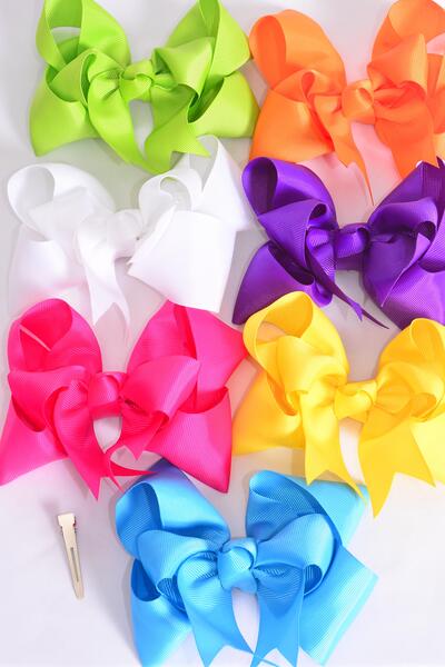 Hair Bow Jumbo Double Layered Bow Grosgrain Bow-tie Citrus / 12 pcs Bow = Dozen Alligator Clip , Size - 6" x 5" Wide , 2 White , 2 Fuchsia , 2 Turquoise , 2 Purple , 2 Yellow , 1 Orange , 1 Lime Color Asst , Clip Strip & UPC Code
