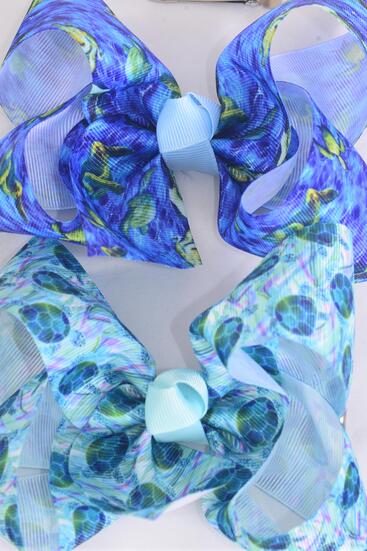 Hair Bow Jumbo Turtle Under The Sea Grosgrain Bow-tie / 12 pcs Bow = Dozen   Alligator Clip , Bow - 6" x 5" Wide , 6 of each Pattern Asst , Clip Strip & UPC Code