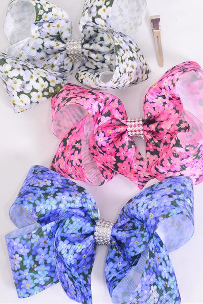 Hair Bow Jumbo Flowers Grosgrain Bow-tie / 12 pcs Bow = Dozen Alligator Clip , Size - 6" x 5" Wide , 4 of each Pattern , Clip Strip & UPC Code
