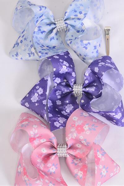 Hair Bow Jumbo Flower Mix Grosgrain Bow-tie / 12 pcs Bow = Dozen Alligator Clip , Size - 6" x 5" Wide , 4 of each Pattern , Clip Strip & UPC Code