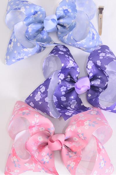 Hair Bow Jumbo Country Flower Mix Grosgrain Bow-tie / 12 pcs Bow = Dozen Alligator Clip , Bow - 6" x 5" Wide , 4 of each Pattern Asst , Clip Strip & UPC Code