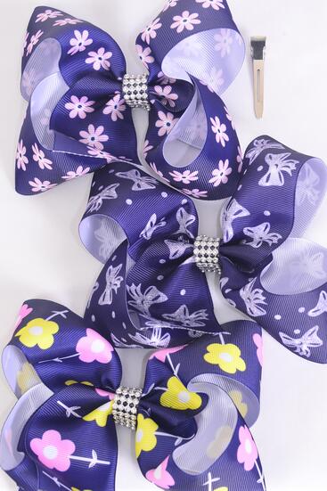 Hair Bow Jumbo Flower Bowtie Mix Grosgrain Bow-tie / 12 pcs Bow = Dozen Alligator Clip , Size - 6" x 5" Wide , 4 of each Pattern , Clip Strip & UPC Code