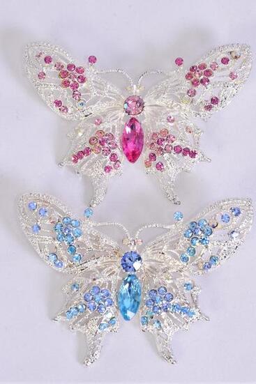 Brooch Butterfly Large Rhinestones Pink  Blue Color Mix / 12 pcs = Dozen  Size - 3'' x 2.25'' Wide , 6 Pink , 6 Blue Color Asst , Display Card & OPP Bag