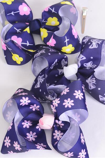 Hair Bow Jumbo Flower and Bow tie Pattern Mix Grosgrain Bow-tie / 12 pcs Bow = Dozen Alligator Clip , Size - 6" x 5" Wide , 4 of each Pattern , Clip Strip & UPC Code