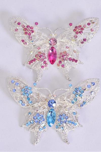 Brooch Butterfly Large Rhinestones / 12 pcs = Dozen Size - 3'' x 2.25'' Wide , Display Card & OPP Bag , Choose Colors