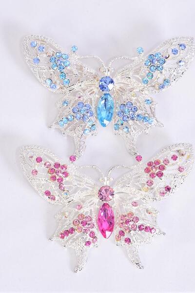 Brooch Butterfly Large Rhinestones / 12 pcs = Dozen Size - 3'' x 2.25'' Wide , Display Card & OPP Bag , Choose Colors