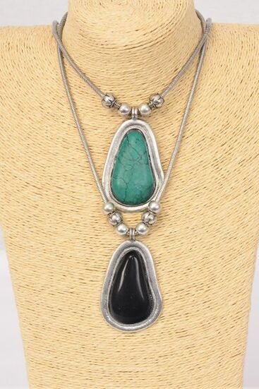 Necklace Thick Snake Chain Pear Shape Semiprecious Stone Pendant / PC Pendant Size - 2.5" x 1.75 Wide , 18" w Extension Chain , Hang Tag & OPP Bag & UPC Code , Choose Colors 