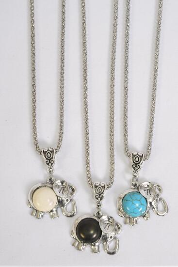 Necklace Silver Chain Elephant Semiprecious Stone / 12 pcs = Dozen match 02688 Pendant - 1" x 1" Wide , Chain - 18" Extension Chain , 4 Ivory , 4 Black , 4 Turquoise Asst , Hang Tag & OPP Bag & UPC Code