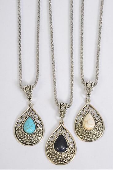 Necklace Silver Chain Metal Antique Teardrop Semiprecious Stone / 12 pcs = Dozen Pendant - 1.5" x 1" Wide , Chain - 18" Extension Chain , 4 Ivory , 4 Black , 4 Turquoise Color Asst , Hang Tag & OPP Bag & UPC Code